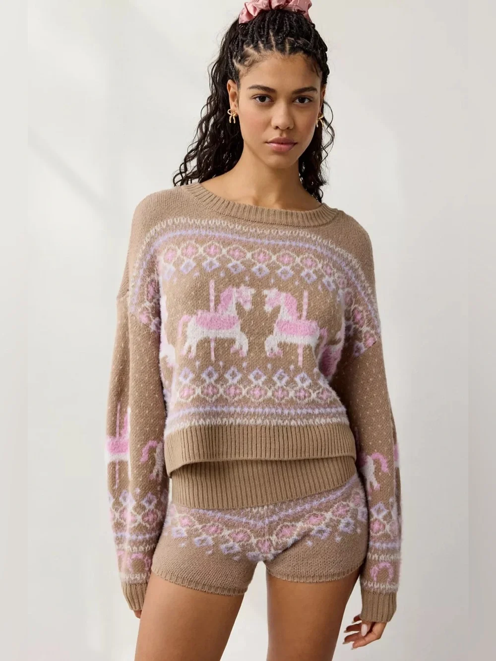 Urban Outfitters | Out From Under Hit The Slopes Cropped Fair Isle Sweater Brown